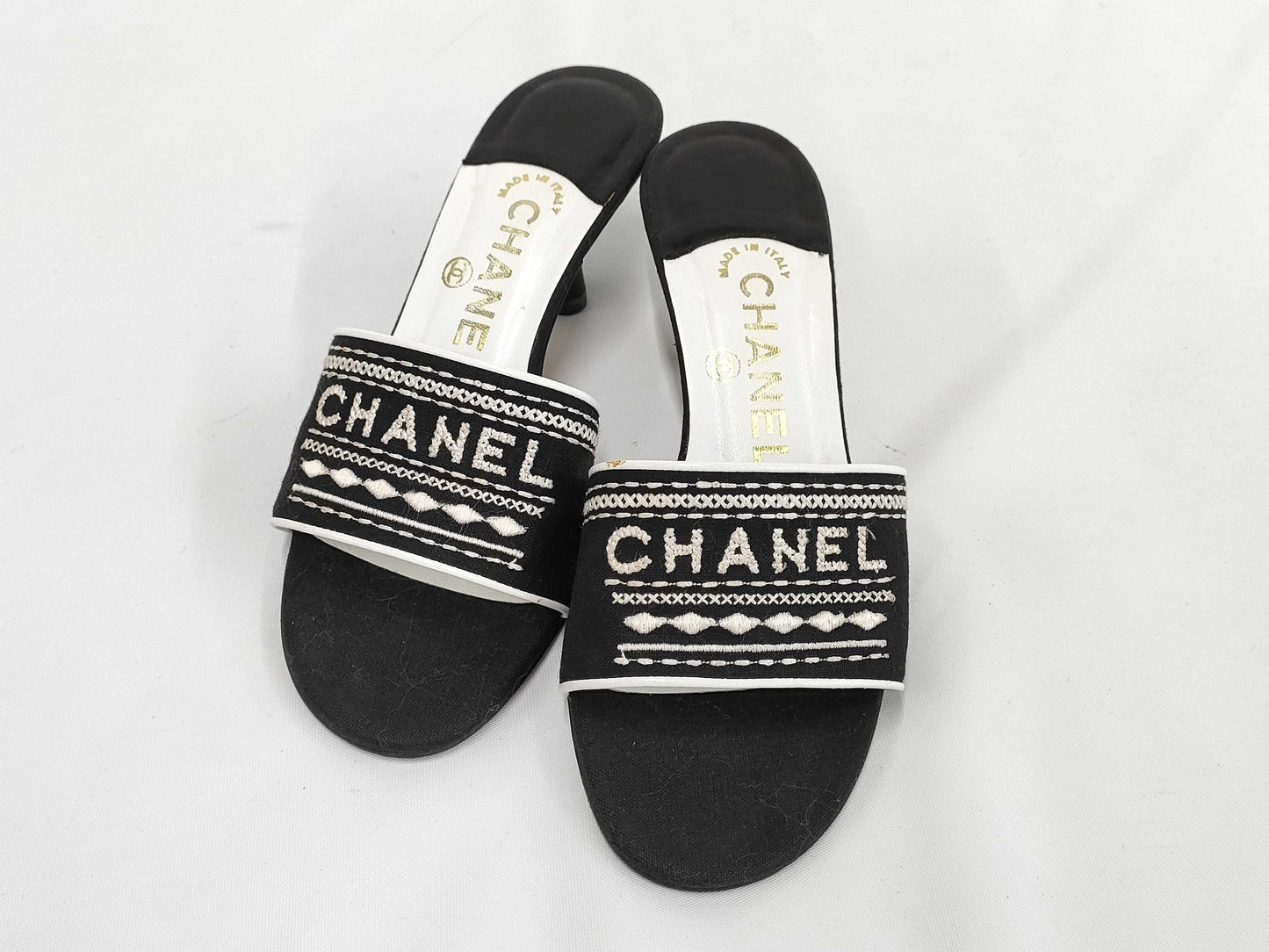 CHANEL Two-tone Logo Sandals, Size 35, Mules