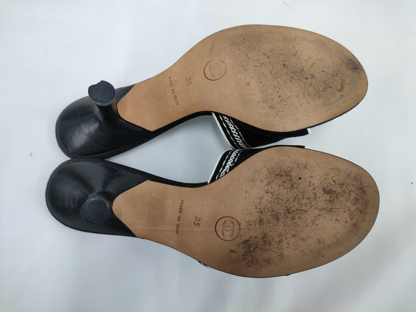 CHANEL Two-tone Logo Sandals, Size 35, Mules