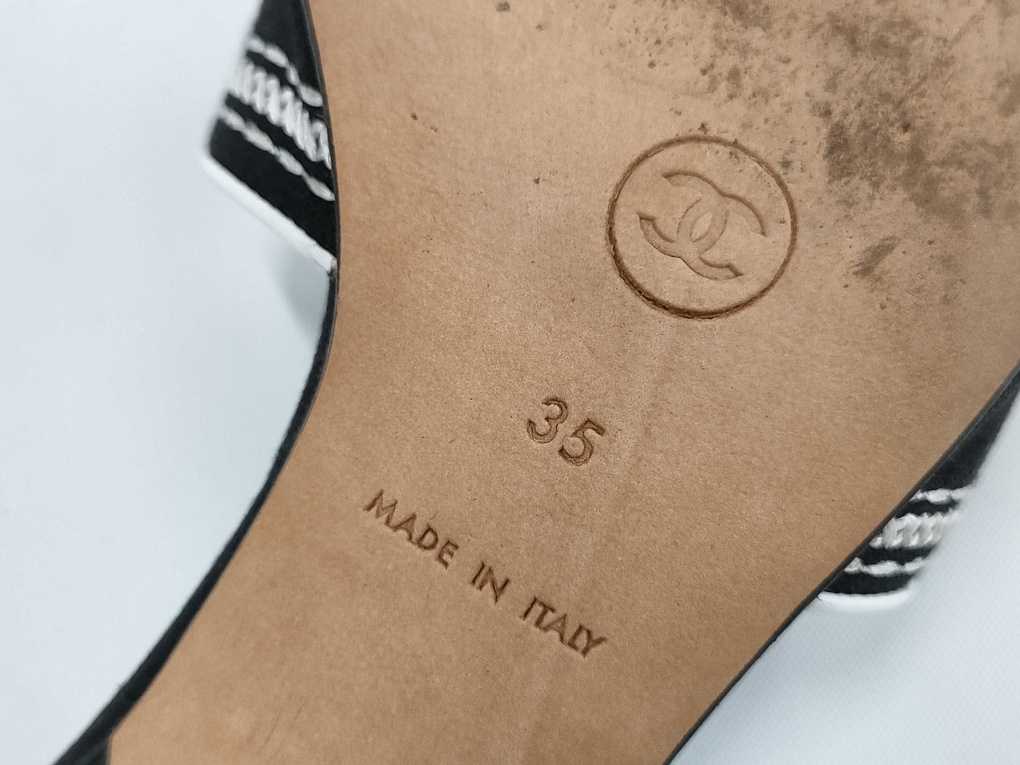 CHANEL Two-tone Logo Sandals, Size 35, Mules