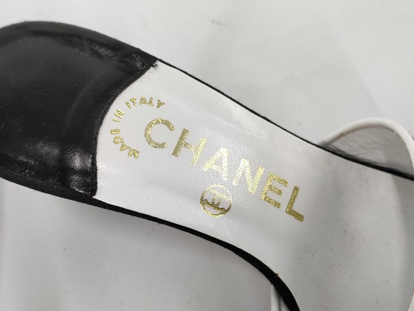 CHANEL Two-tone Logo Sandals, Size 35, Mules