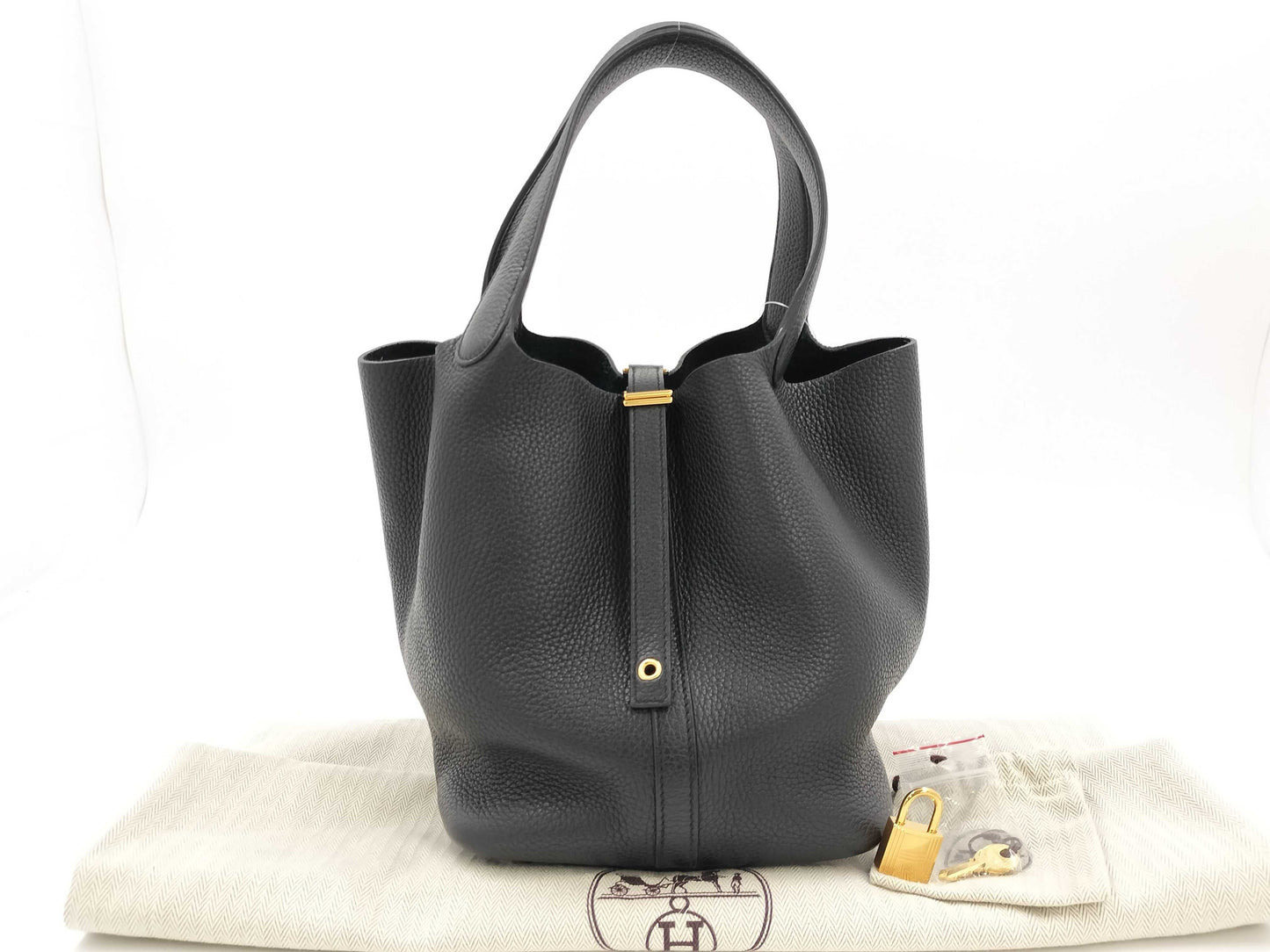 HERMES Picotin Lock MM Taurillon Clemence Leather Handbag in Black with GD Hardware and Y Stamp