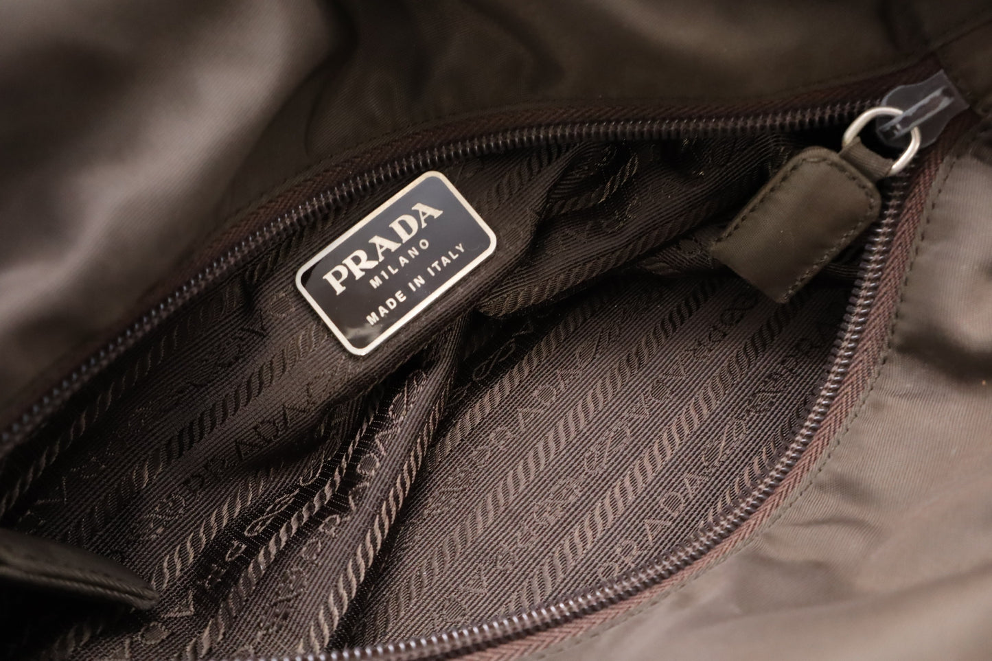 PRADA Tessuto Nylon Mini Handbag with Triangle Plate, Khaki