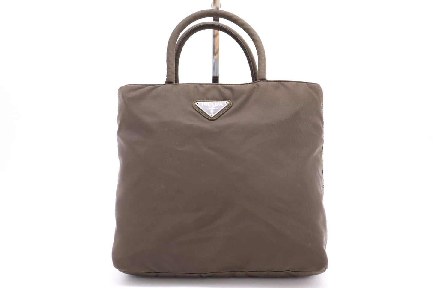 PRADA Tessuto Nylon Mini Handbag with Triangle Plate, Khaki