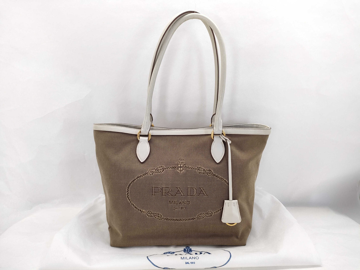 PRADA Prada Tote Bag 1BG159 White Calf Leather x Canvas Tote Bag