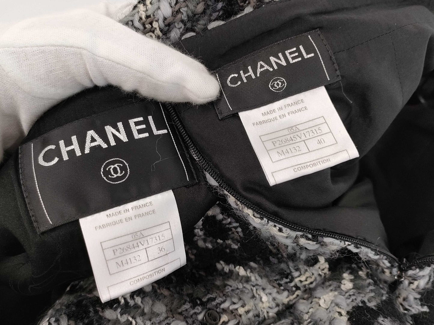 CHANEL 05A Coco Button Camellia Print Tweed Set Long Coat and Skirt P26844 P26845 Gray Other Apparel