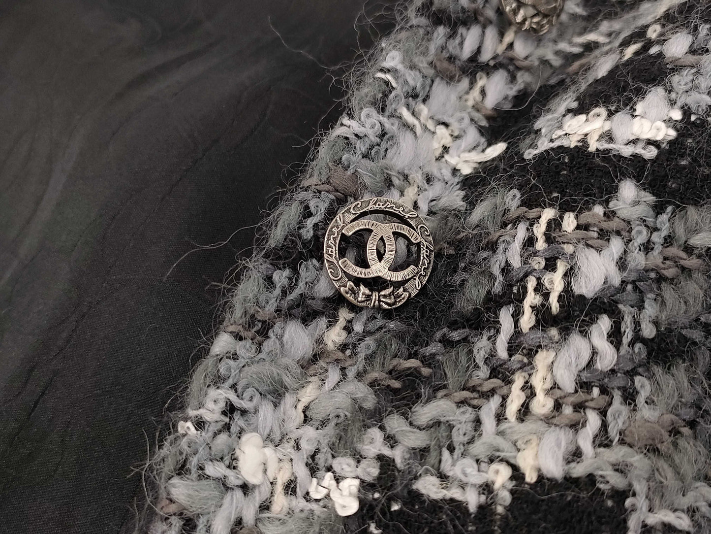CHANEL 05A Coco Button Camellia Print Tweed Set Long Coat and Skirt P26844 P26845 Gray Other Apparel