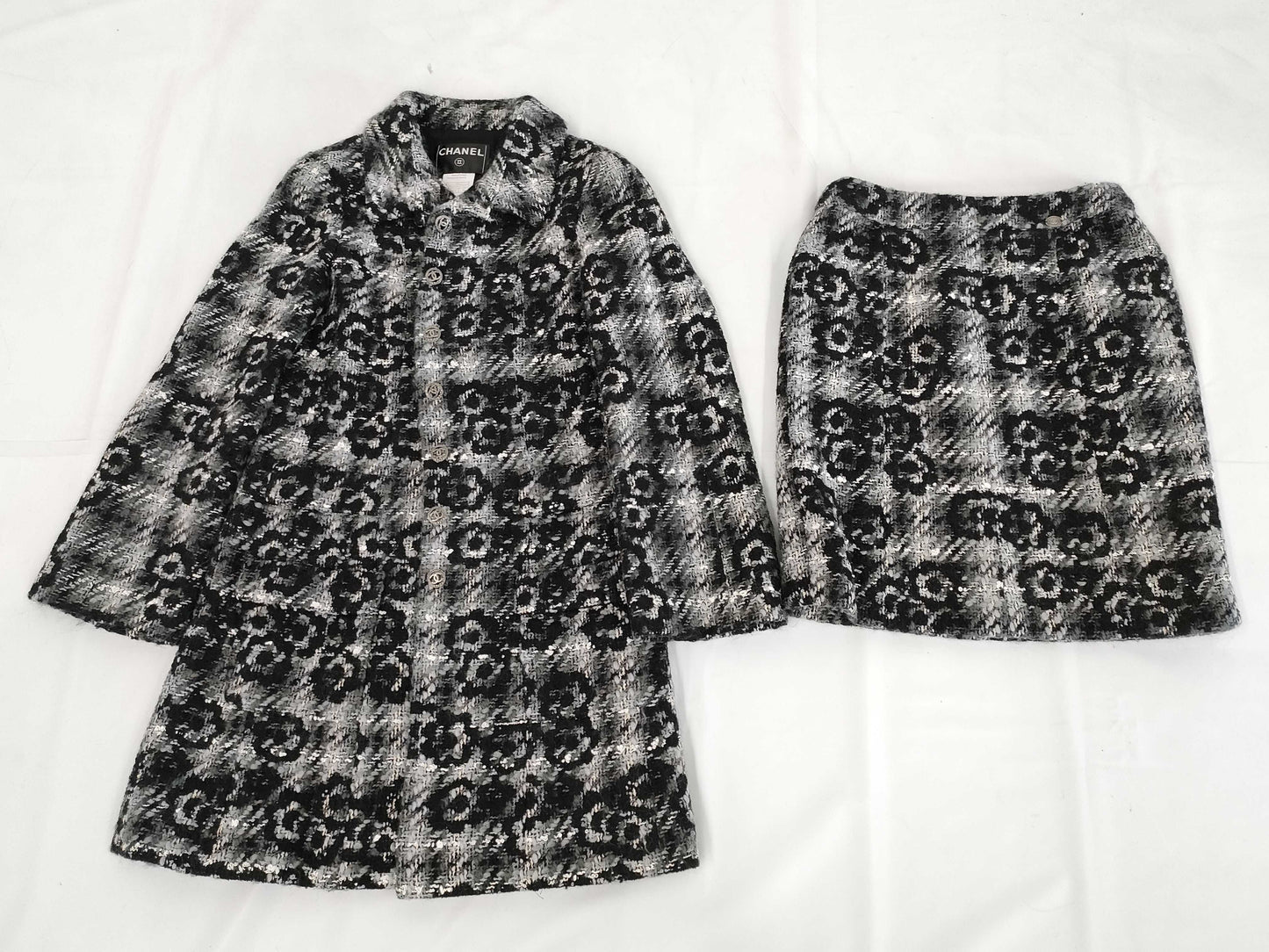 CHANEL 05A Coco Button Camellia Print Tweed Set Long Coat and Skirt P26844 P26845 Gray Other Apparel