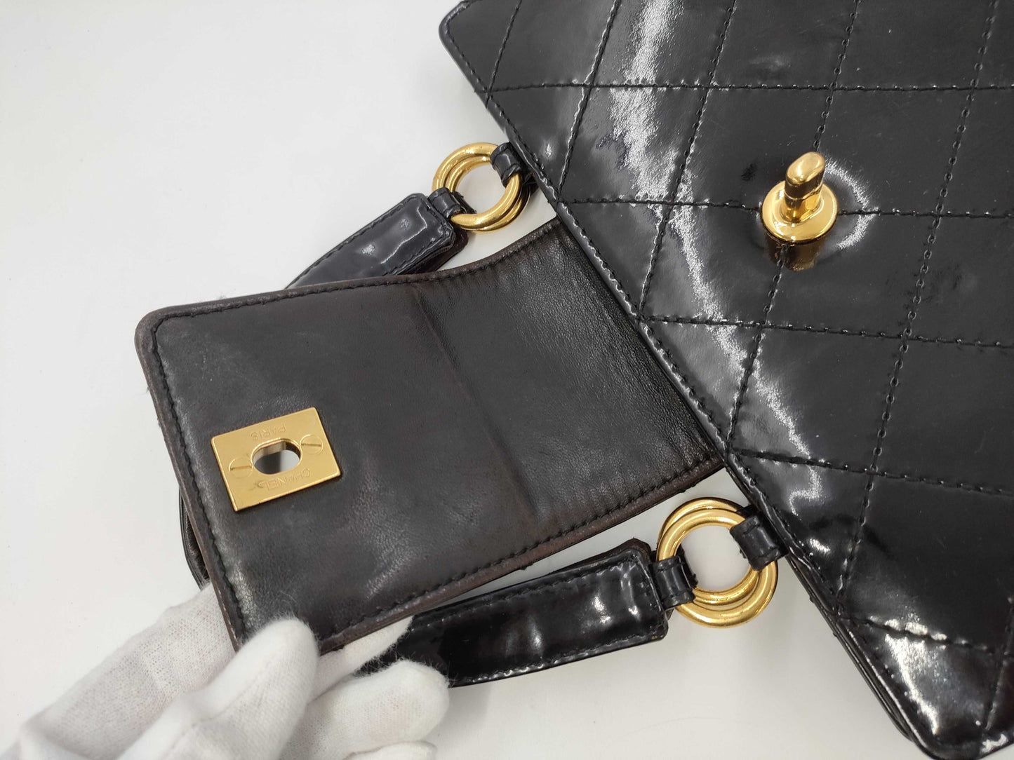 CHANEL Matelasse Patent Enamel Turnlock Handbag, Black, 4771404