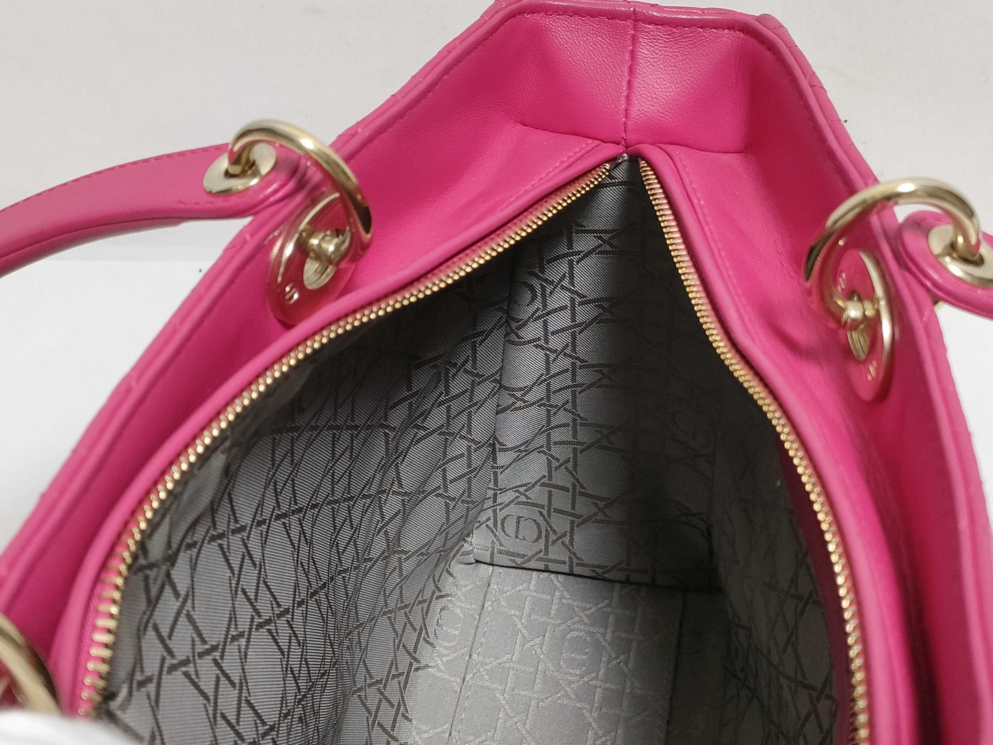 Dior Large Lady Dior Zip Handbag in Fuchsia Pink Cannage Lambskin Leather with Gold 18-MA-0114