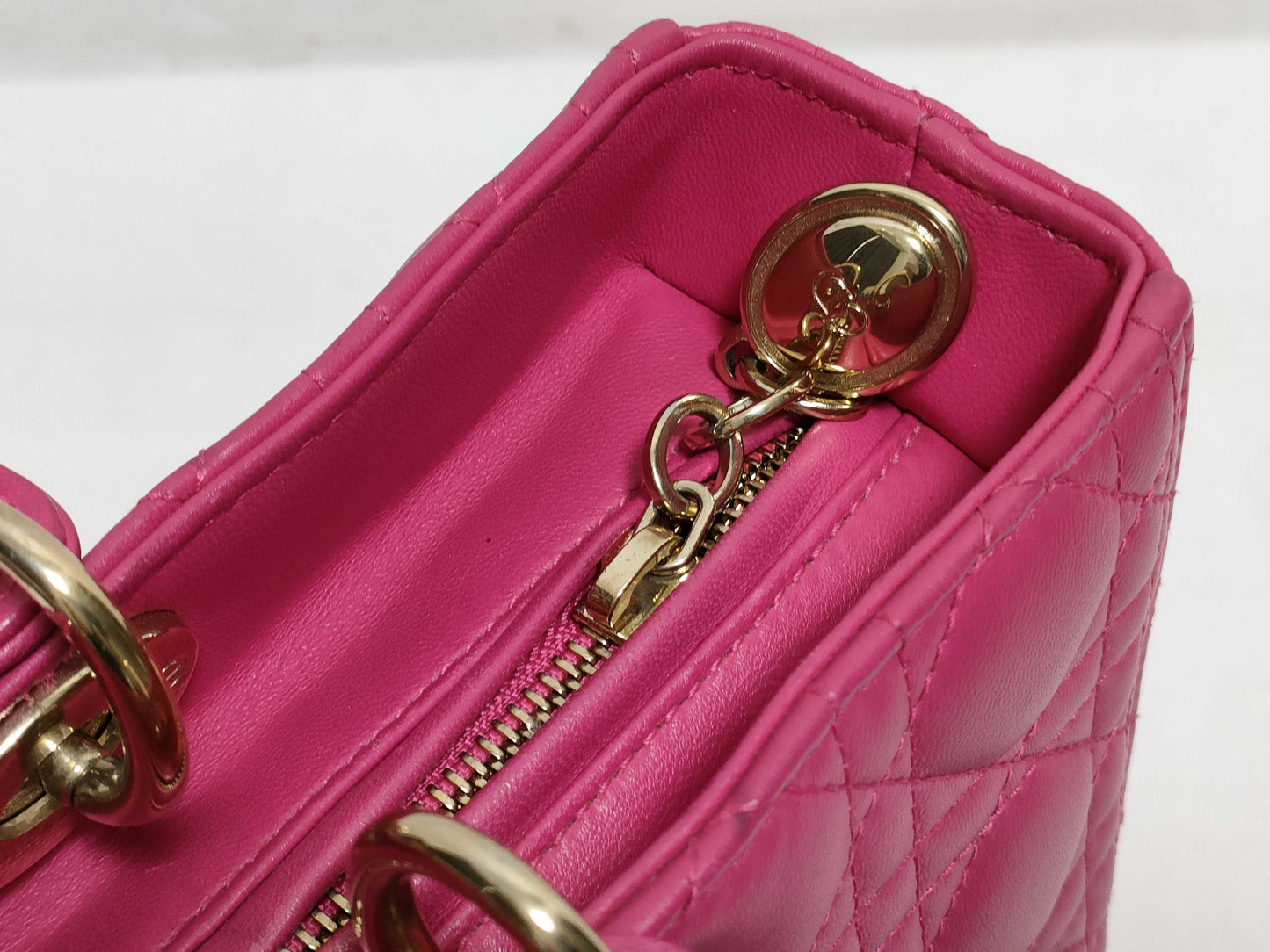 Dior Large Lady Dior Zip Handbag in Fuchsia Pink Cannage Lambskin Leather with Gold 18-MA-0114
