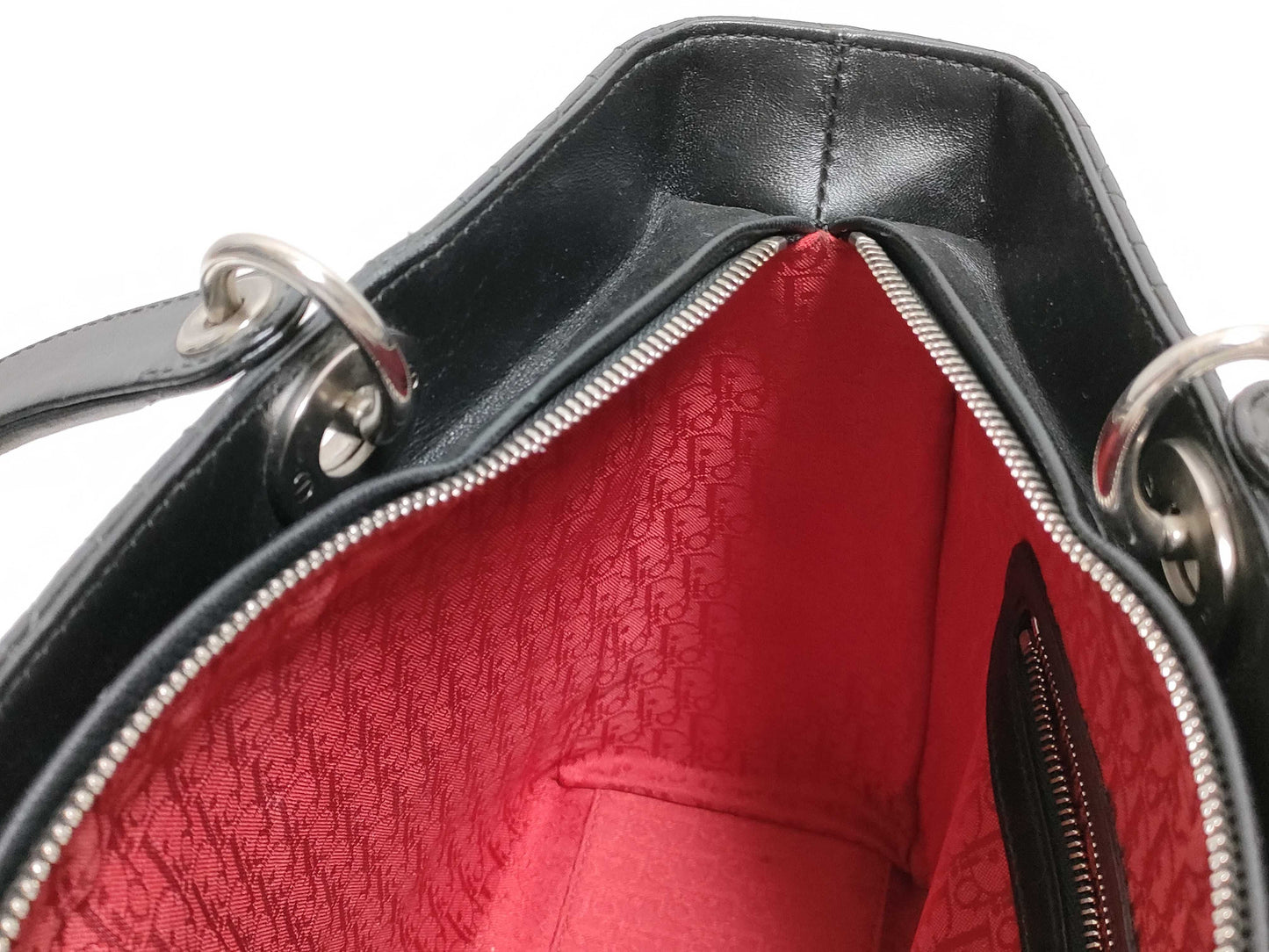 Dior Large Lady Dior Zip Handbag in Black Cannage Lambskin Leather and Silver