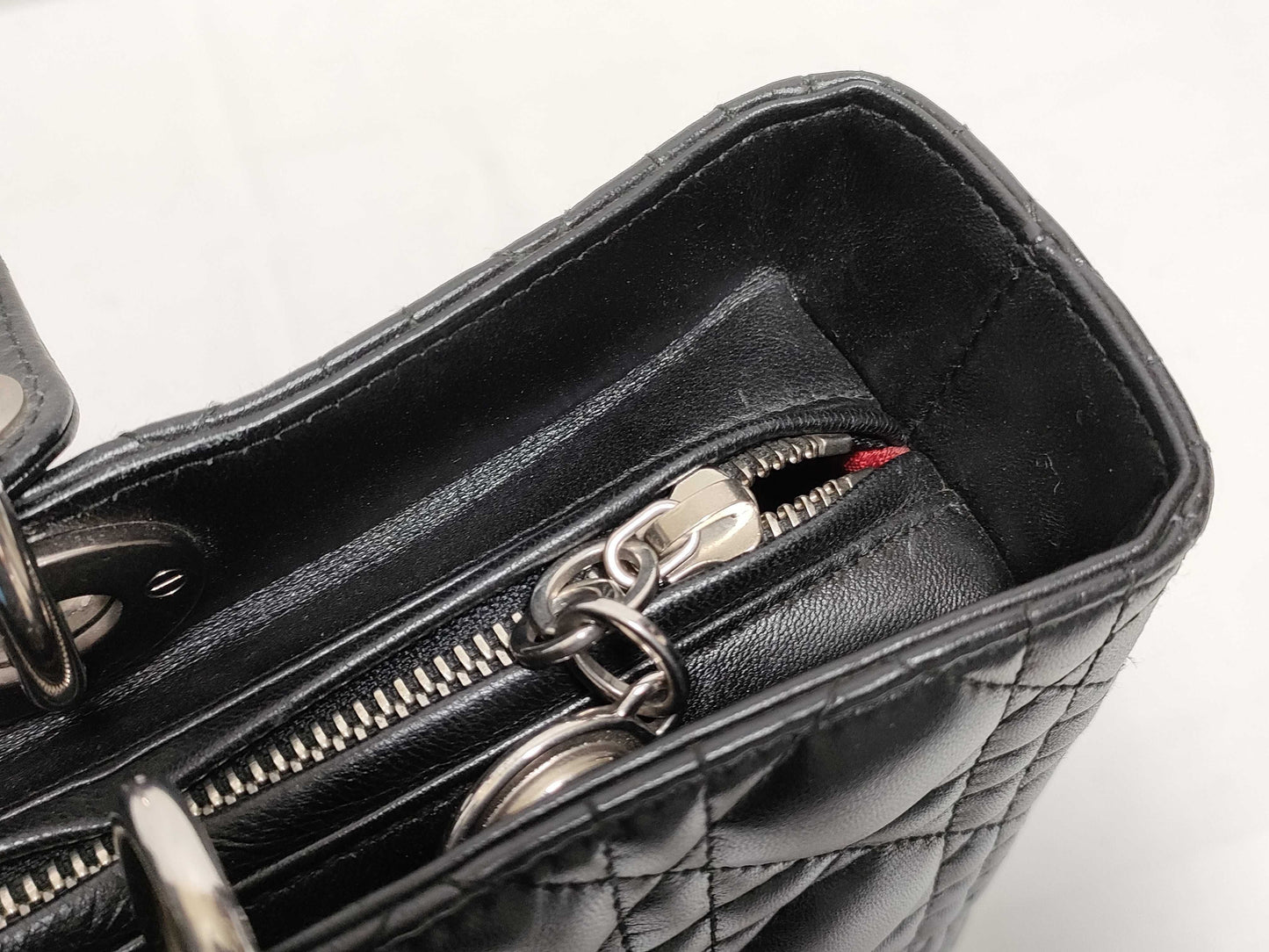 Dior Large Lady Dior Zip Handbag in Black Cannage Lambskin Leather and Silver