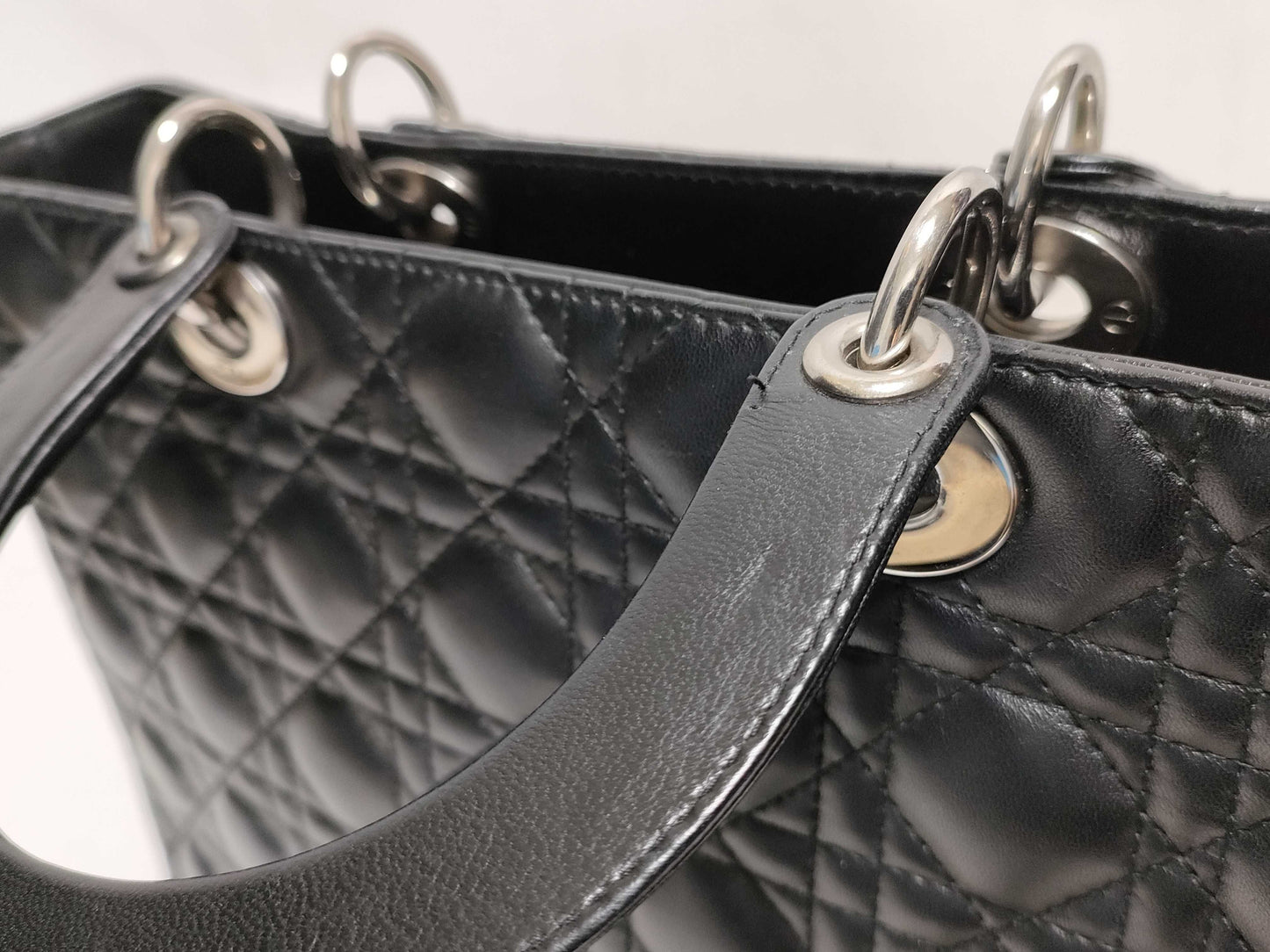 Dior Large Lady Dior Zip Handbag in Black Cannage Lambskin Leather and Silver