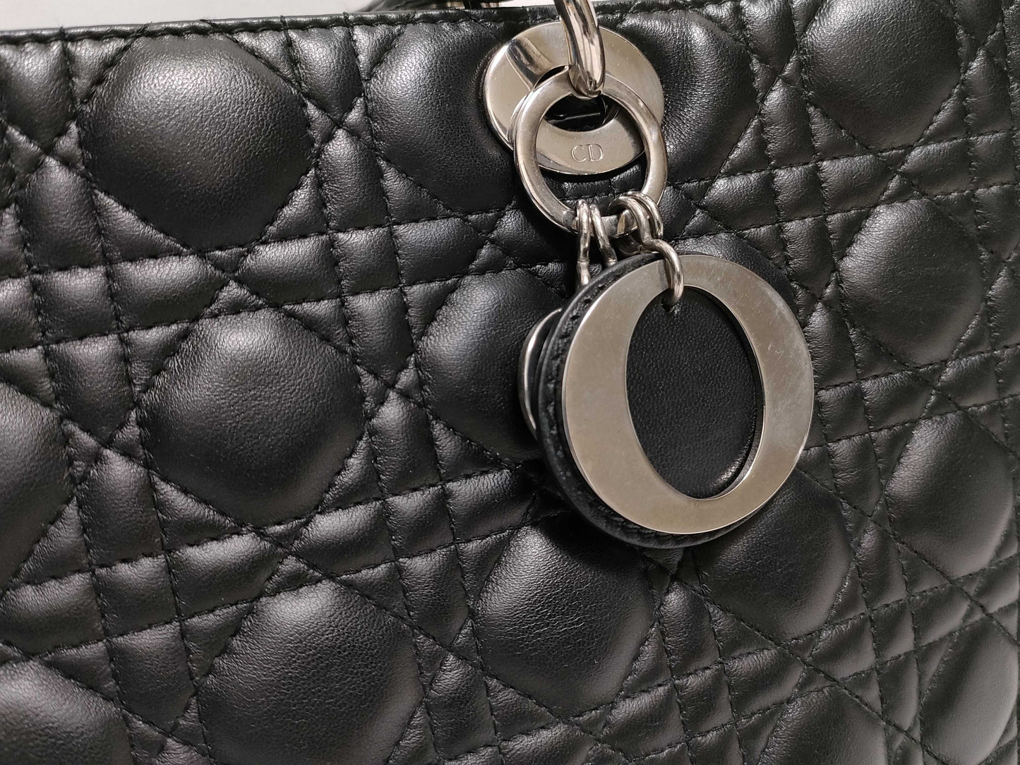 Dior Large Lady Dior Zip Handbag in Black Cannage Lambskin Leather and Silver