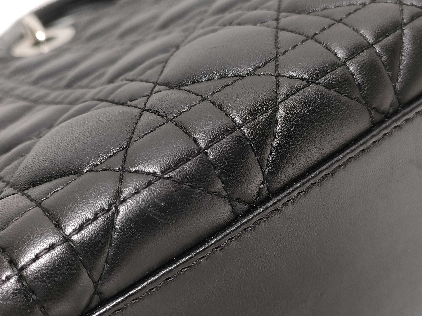 Dior Large Lady Dior Zip Handbag in Black Cannage Lambskin Leather and Silver