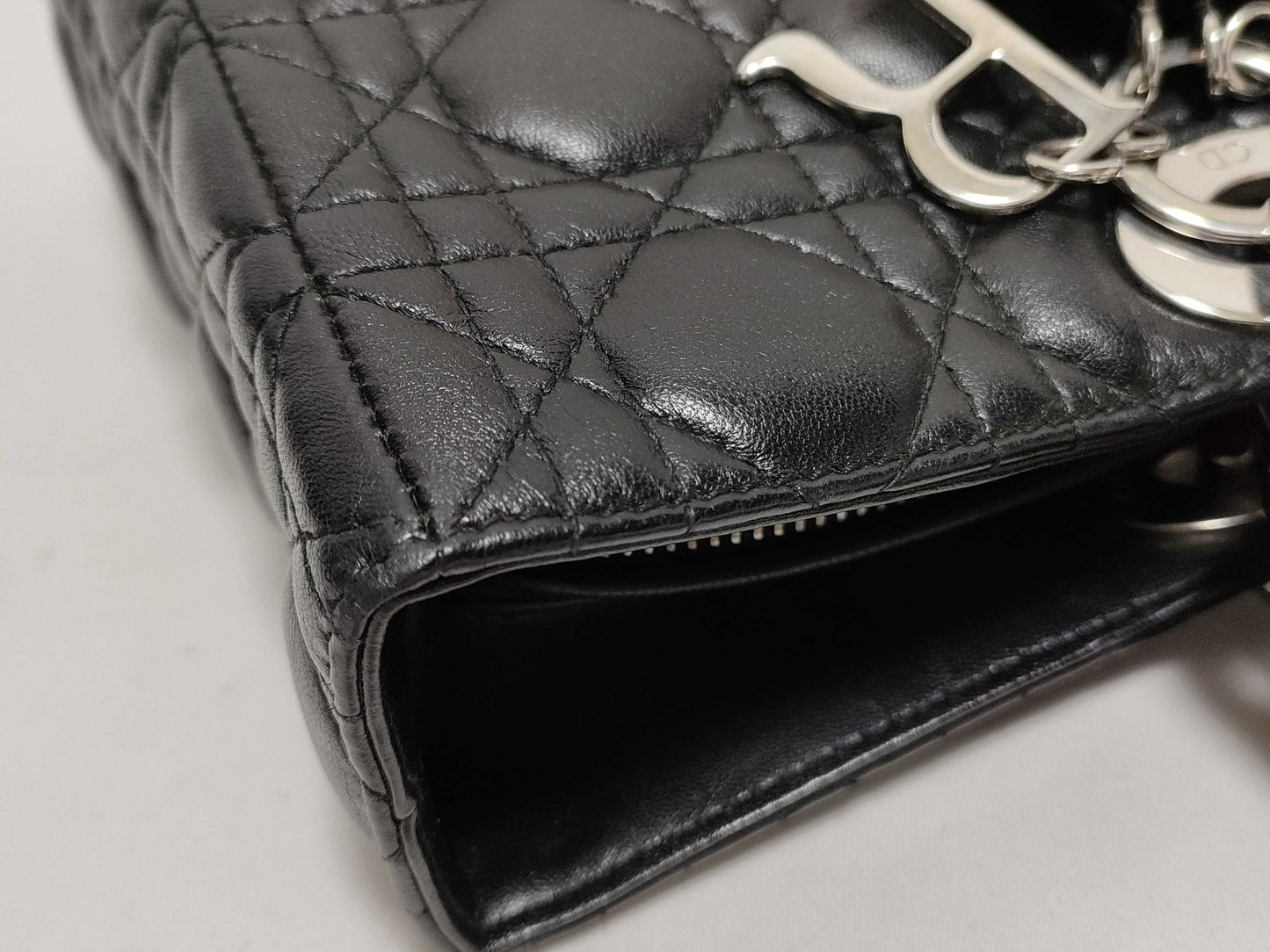 Dior Large Lady Dior Zip Handbag in Black Cannage Lambskin Leather and Silver