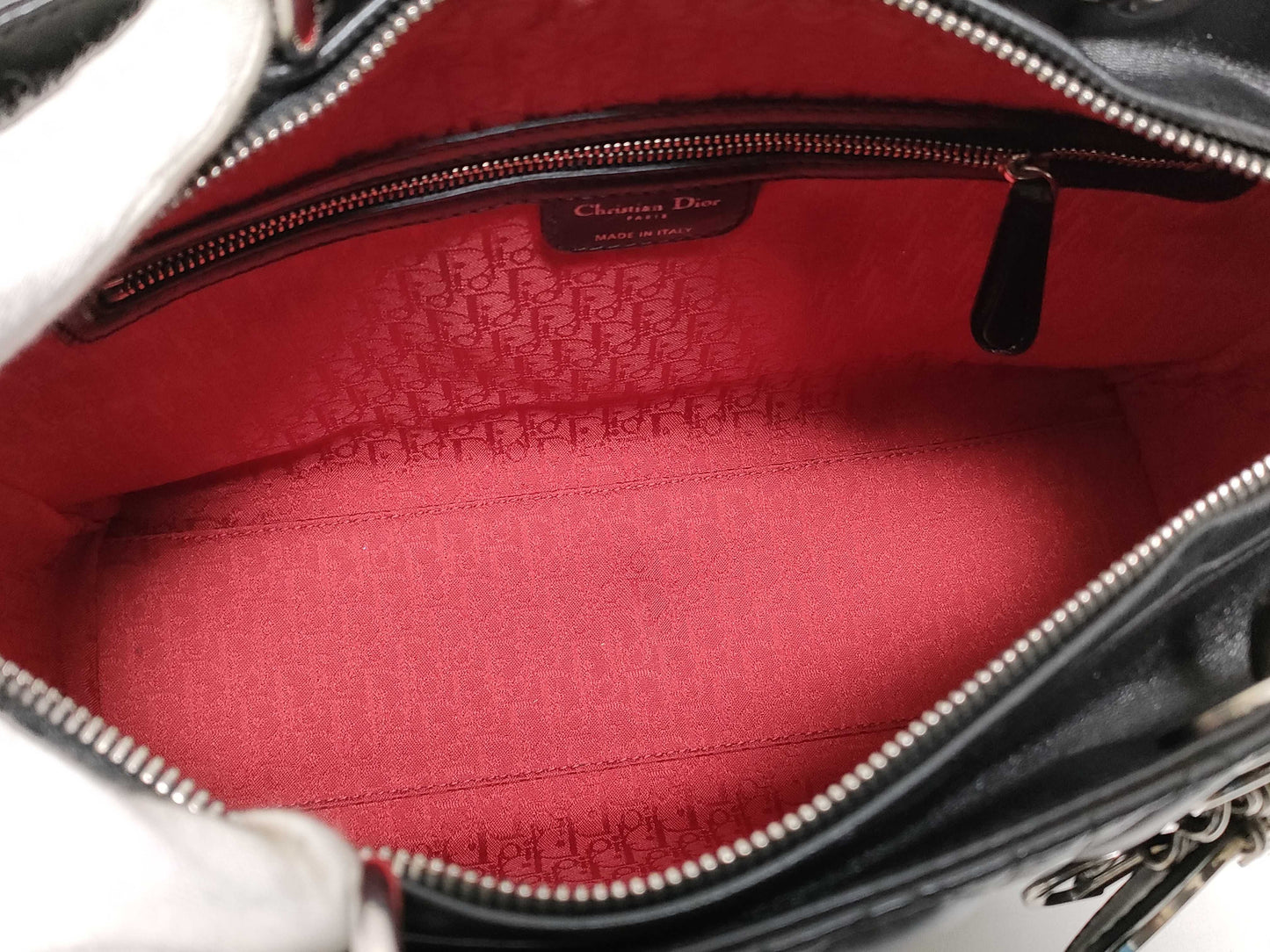 Dior Large Lady Dior Zip Handbag in Black Cannage Lambskin Leather and Silver