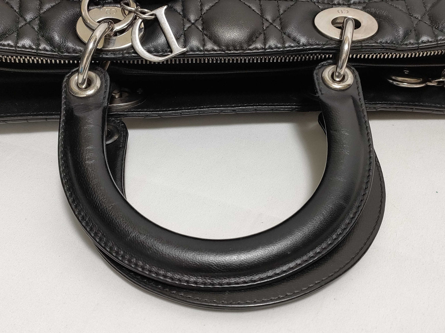 Dior Large Lady Dior Zip Handbag in Black Cannage Lambskin Leather and Silver