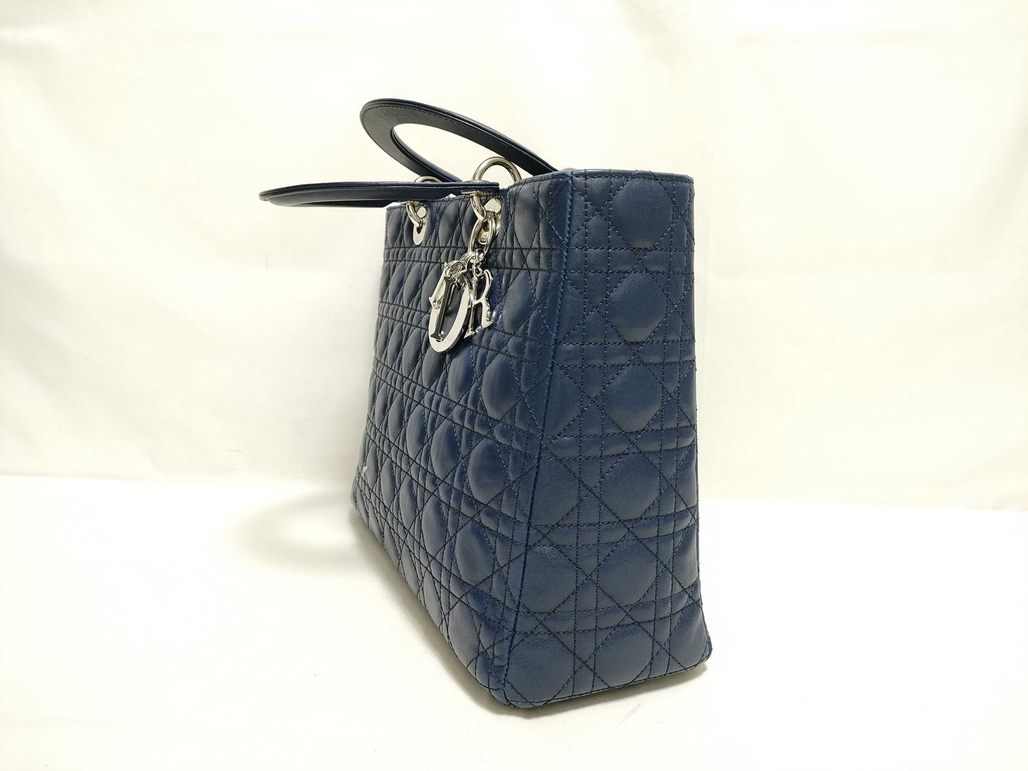 Dior Large Lady Dior Zip Handbag in Navy Cannage Calfskin Leather and Silver, 16-BO-1101