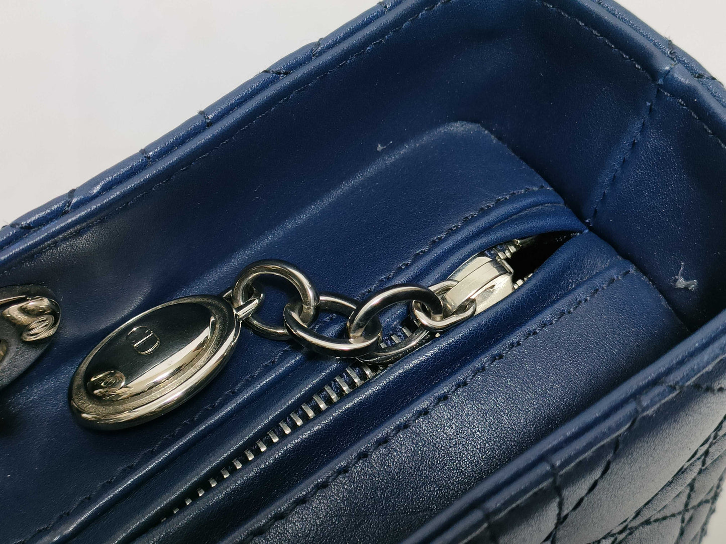 Dior Large Lady Dior Zip Handbag in Navy Cannage Calfskin Leather and Silver, 16-BO-1101