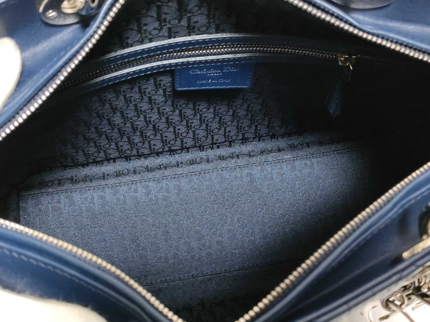 Dior Large Lady Dior Zip Handbag in Navy Cannage Calfskin Leather and Silver, 16-BO-1101