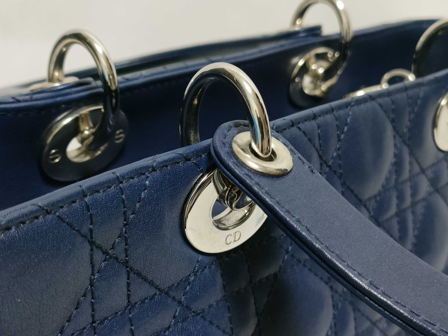 Dior Large Lady Dior Zip Handbag in Navy Cannage Calfskin Leather and Silver, 16-BO-1101