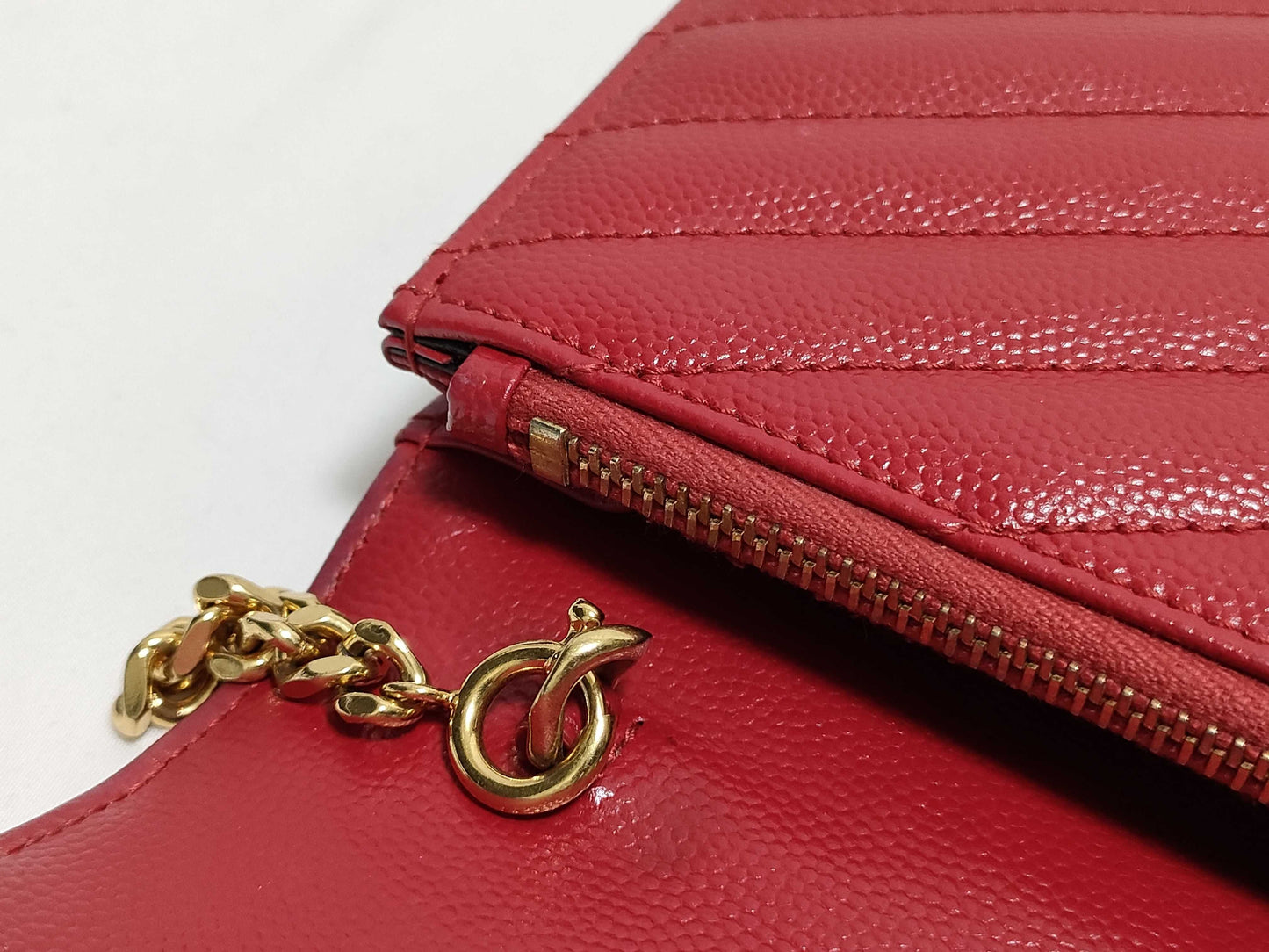 SAINT LAURENT Yves Saint Laurent Envelope Wallet on Chain in Red Quilted Grain de Poudre Leather with Gold GNC 393953 1118 Shoulder Bag