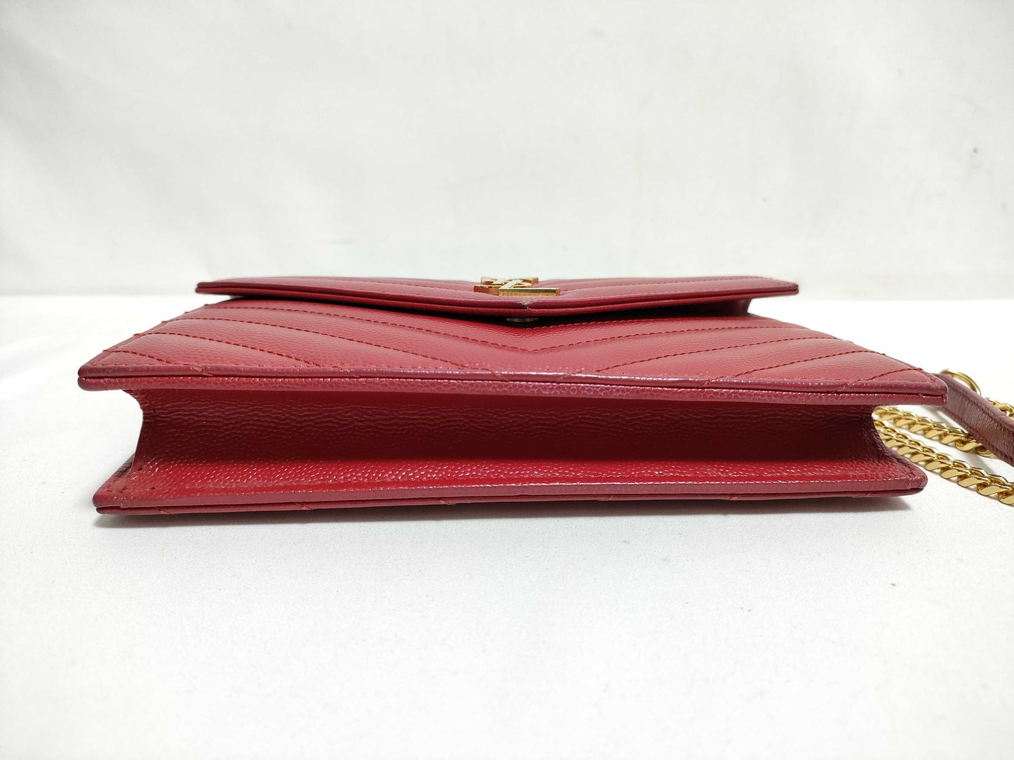 SAINT LAURENT Yves Saint Laurent Envelope Wallet on Chain in Red Quilted Grain de Poudre Leather with Gold GNC 393953 1118 Shoulder Bag