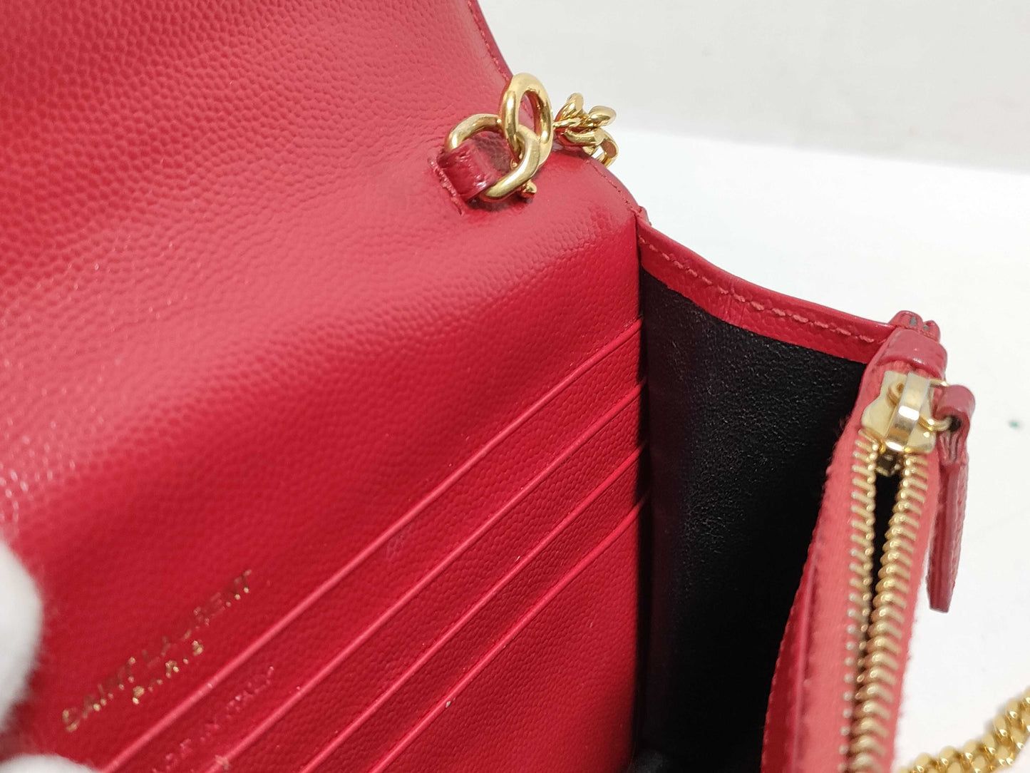 SAINT LAURENT Yves Saint Laurent Envelope Wallet on Chain in Red Quilted Grain de Poudre Leather with Gold GNC 393953 1118 Shoulder Bag