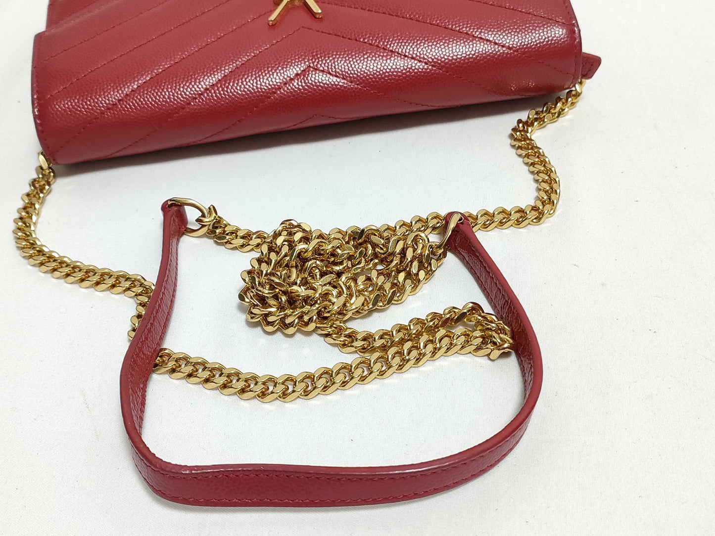 SAINT LAURENT Yves Saint Laurent Envelope Wallet on Chain in Red Quilted Grain de Poudre Leather with Gold GNC 393953 1118 Shoulder Bag