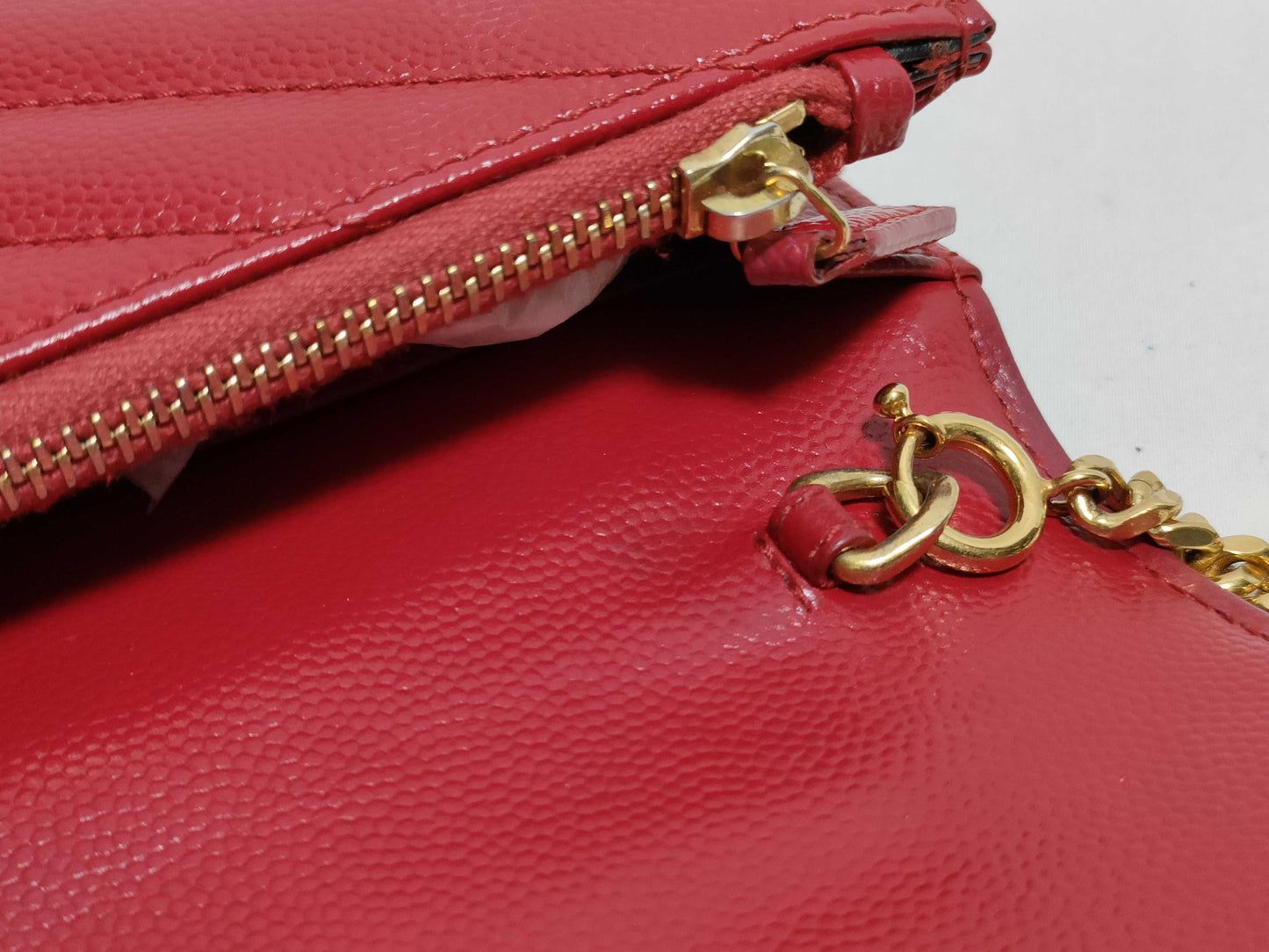 SAINT LAURENT Yves Saint Laurent Envelope Wallet on Chain in Red Quilted Grain de Poudre Leather with Gold GNC 393953 1118 Shoulder Bag
