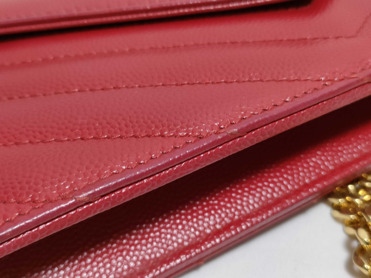 SAINT LAURENT Yves Saint Laurent Envelope Wallet on Chain in Red Quilted Grain de Poudre Leather with Gold GNC 393953 1118 Shoulder Bag
