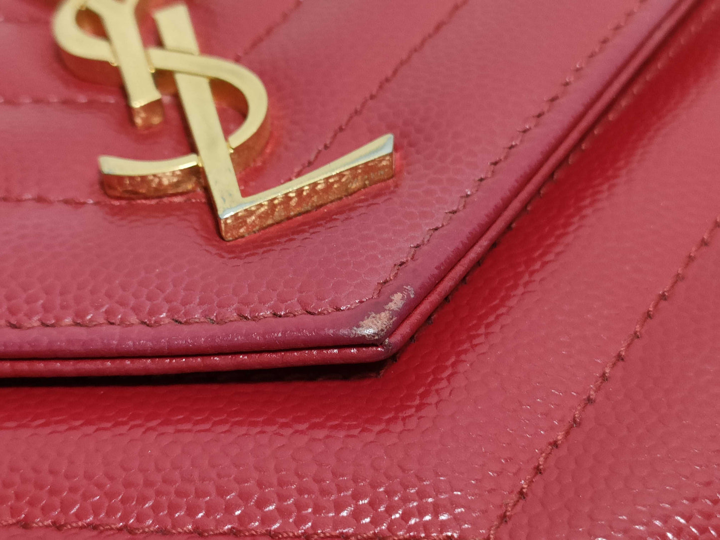 SAINT LAURENT Yves Saint Laurent Envelope Wallet on Chain in Red Quilted Grain de Poudre Leather with Gold GNC 393953 1118 Shoulder Bag