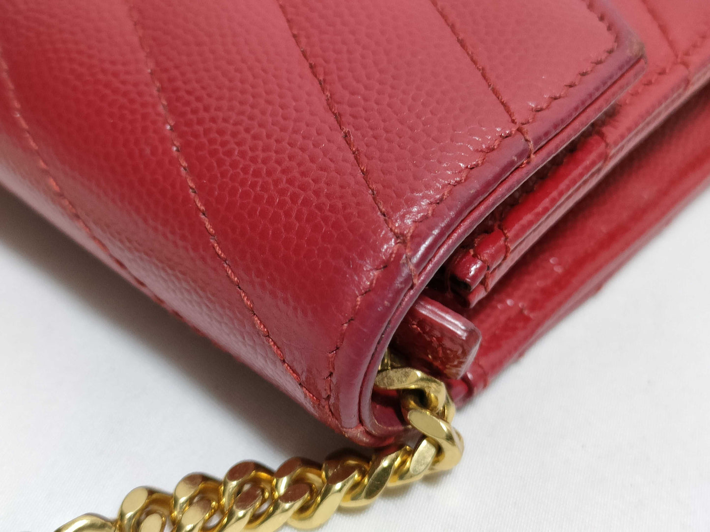 SAINT LAURENT Yves Saint Laurent Envelope Wallet on Chain in Red Quilted Grain de Poudre Leather with Gold GNC 393953 1118 Shoulder Bag