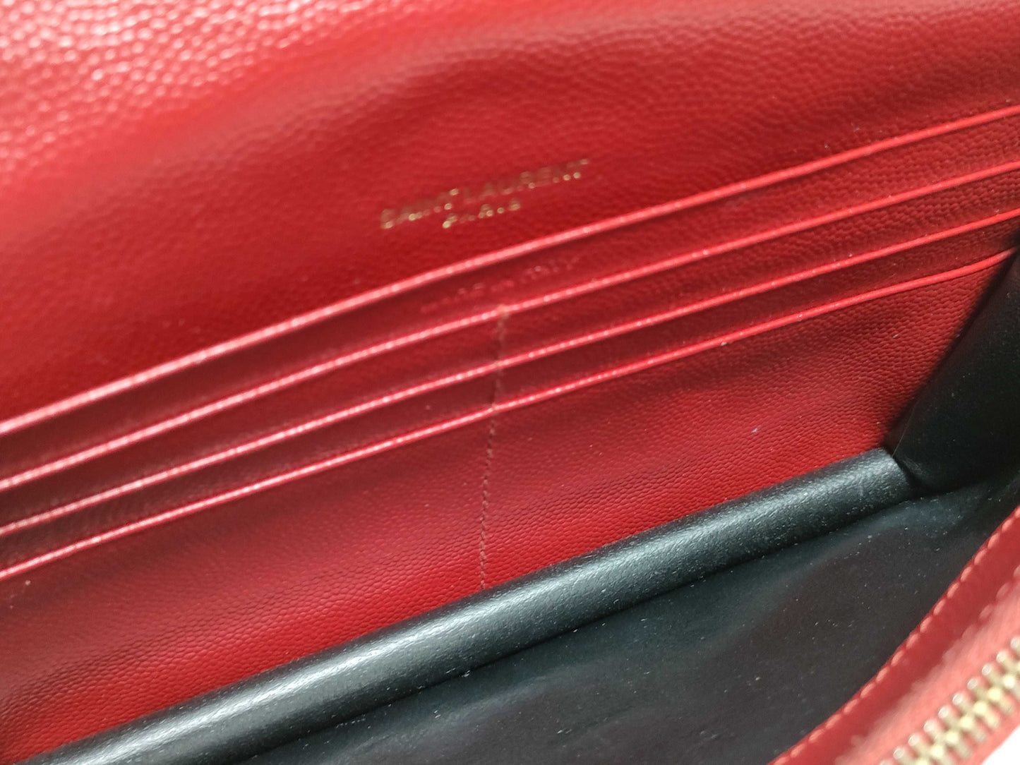 SAINT LAURENT Yves Saint Laurent Envelope Wallet on Chain in Red Quilted Grain de Poudre Leather with Gold GNC 393953 1118 Shoulder Bag