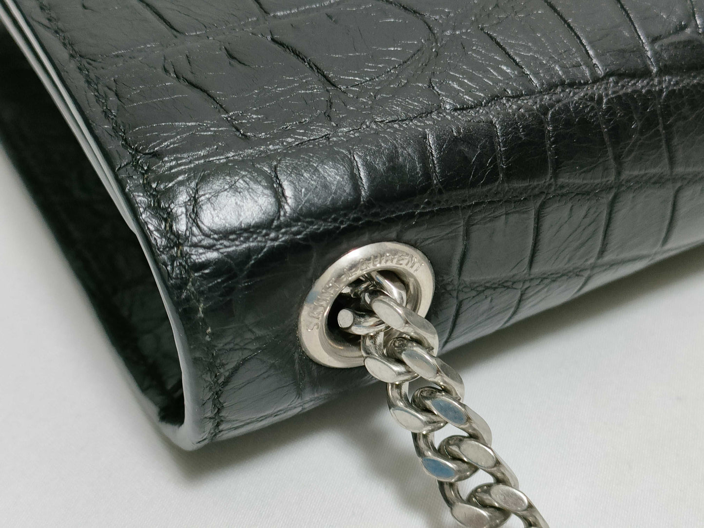 SAINT LAURENT Yves Saint Laurent Mini Tassel Kate Shoulder Bag in Black Crocodile-Embossed Leather with Silver DMR 344120 0716