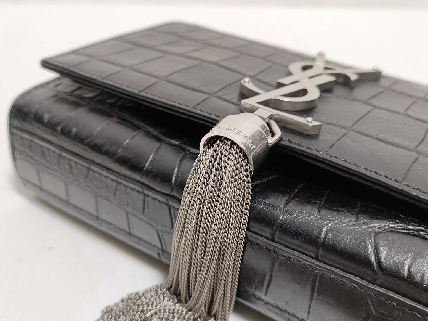 SAINT LAURENT Yves Saint Laurent Mini Tassel Kate Shoulder Bag in Black Crocodile-Embossed Leather with Silver DMR 344120 0716