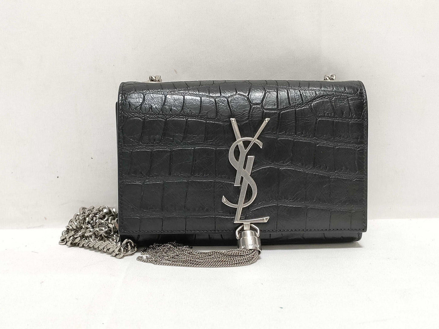 SAINT LAURENT Yves Saint Laurent Mini Tassel Kate Shoulder Bag in Black Crocodile-Embossed Leather with Silver DMR 344120 0716