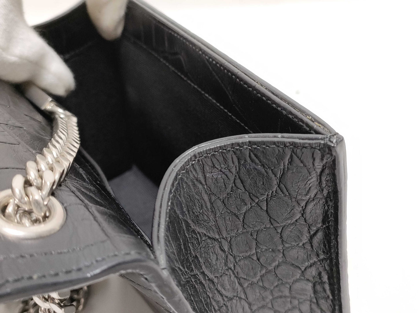 SAINT LAURENT Yves Saint Laurent Mini Tassel Kate Shoulder Bag in Black Crocodile-Embossed Leather with Silver DMR 344120 0716