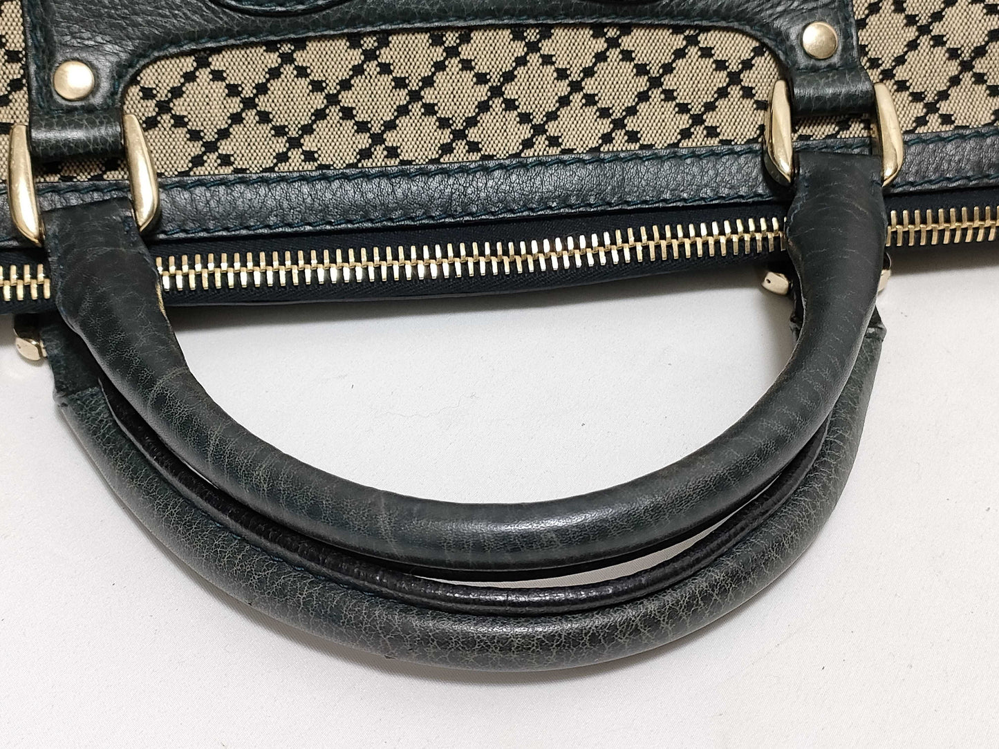 GUCCI Large Catherine Satchel Bag in Beige/Black with Diamante Canvas and Gold, 247283 002123, Handbag