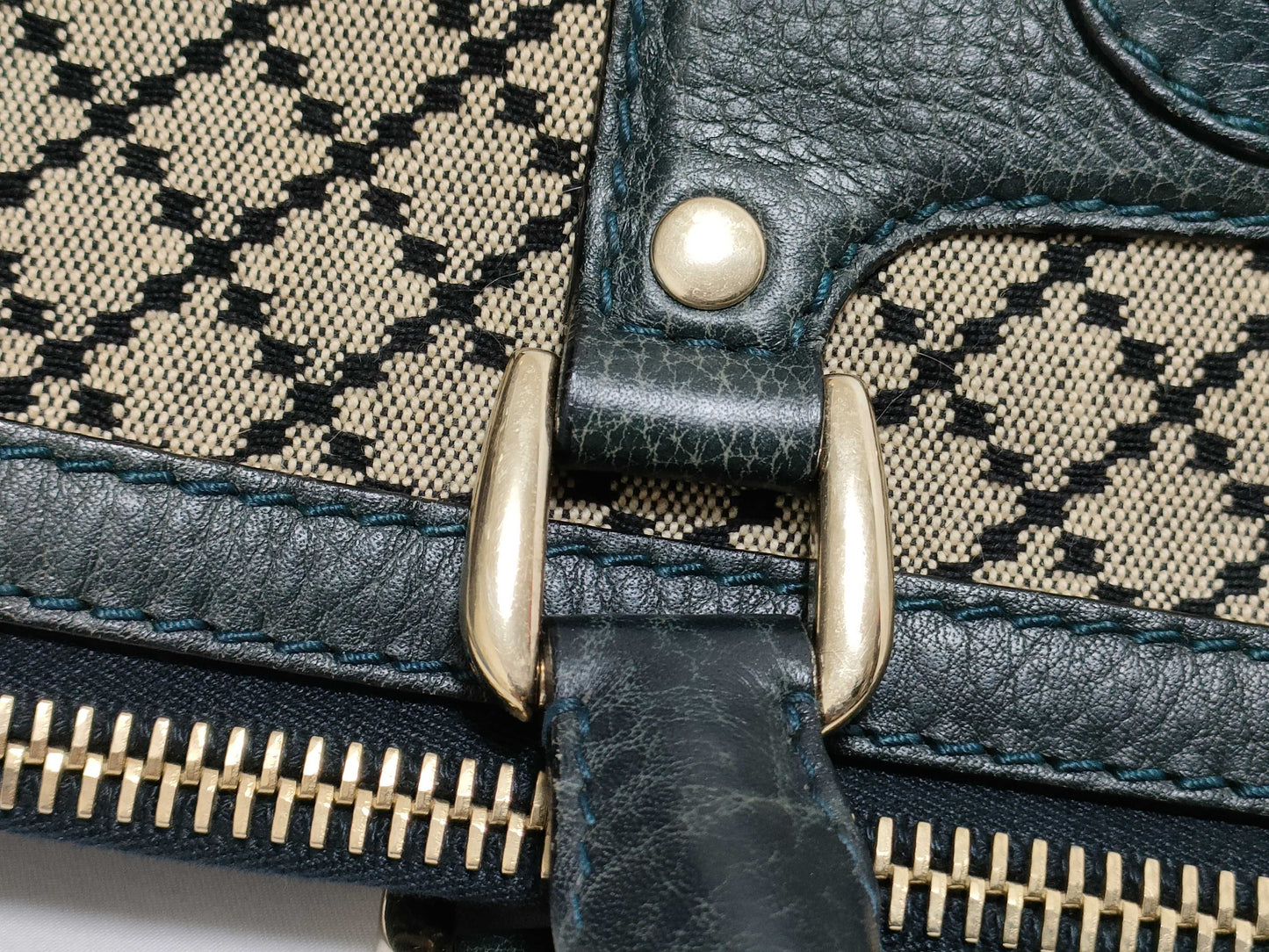 GUCCI Large Catherine Satchel Bag in Beige/Black with Diamante Canvas and Gold, 247283 002123, Handbag