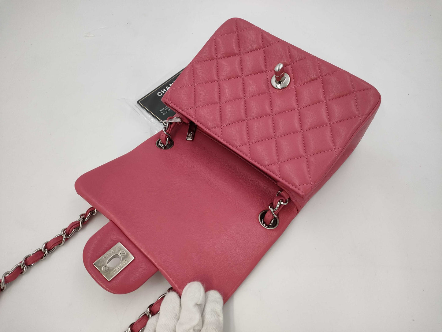 CHANEL Mini Square Classic Single Flap Shoulder Bag in Pink Quilted Lambskin Leather with Silver Hardware, 29027049