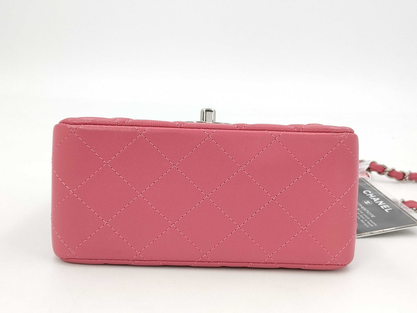 CHANEL Mini Square Classic Single Flap Shoulder Bag in Pink Quilted Lambskin Leather with Silver Hardware, 29027049