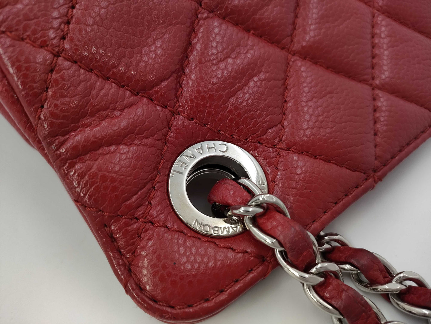 CHANEL CC Frame Chain Tote in Red Quilted Soft Caviar Leather with Silver Hardware, Item Number 17571728