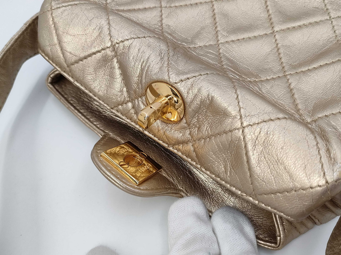 CHANEL Chanel Mini Top CC Turnlock Crossbody Shoulder Bag in Gold Quilted Lambskin Leather with Gold Hardware, 2319825