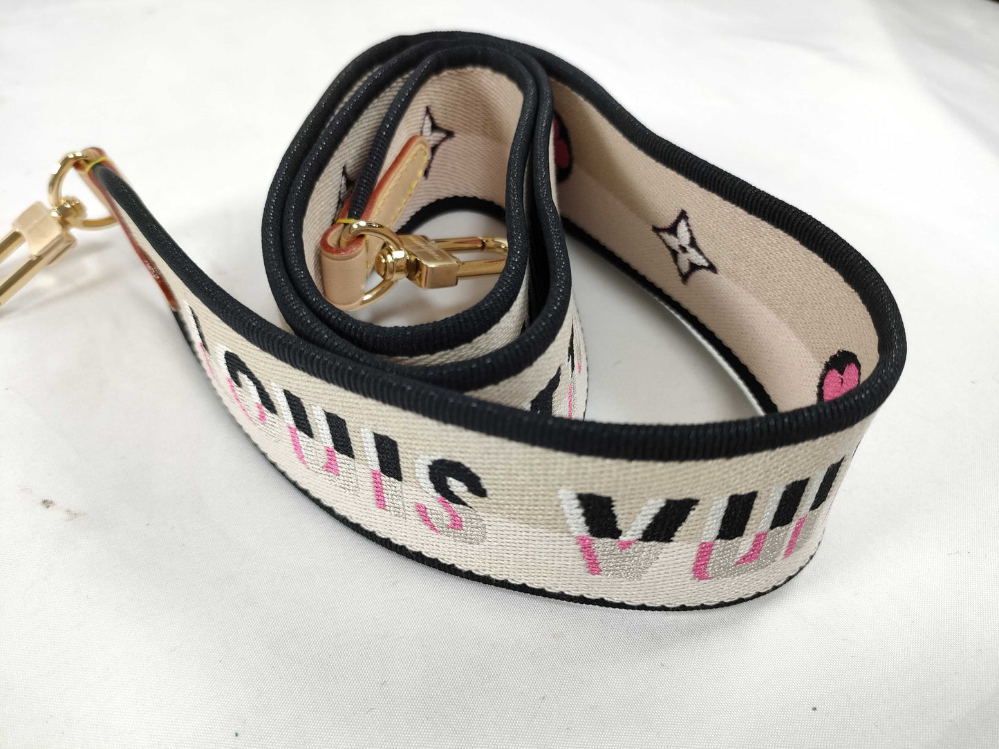 LOUIS VUITTON Signature Strap, Beige/Black/Pink, Signature Canvas, Gold Hardware, 95*4.5*.05cm Strap