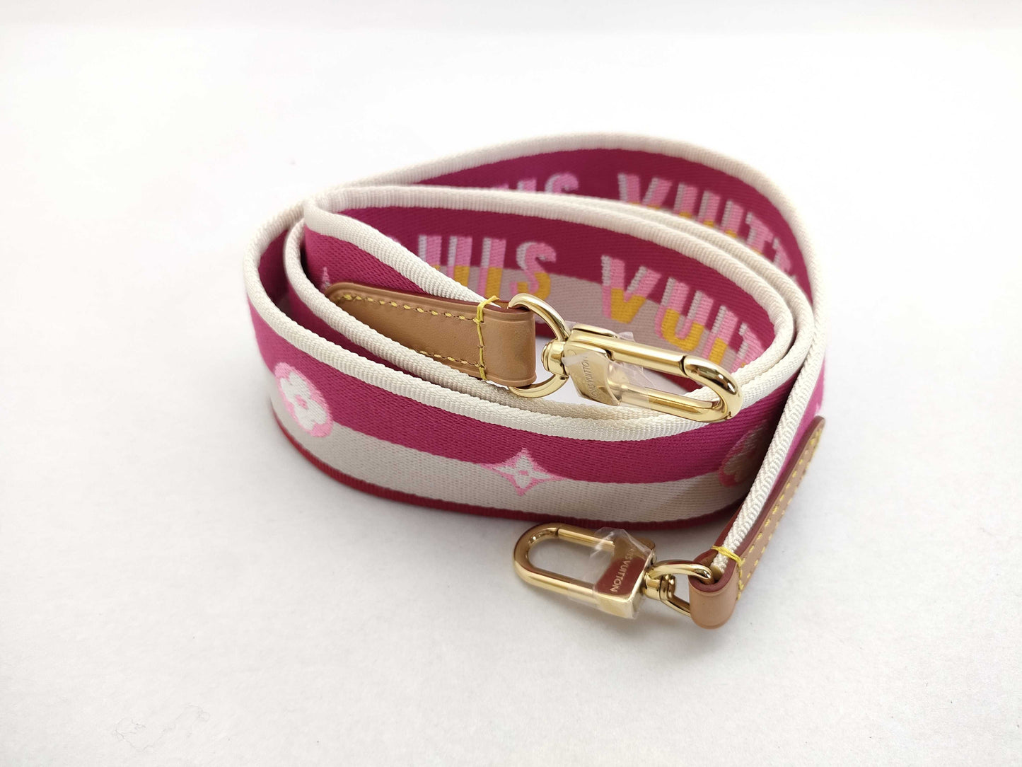LOUIS VUITTON Signature Strap, Pink/Beige Canvas with Gold Hardware, 95*4.5*.05cm