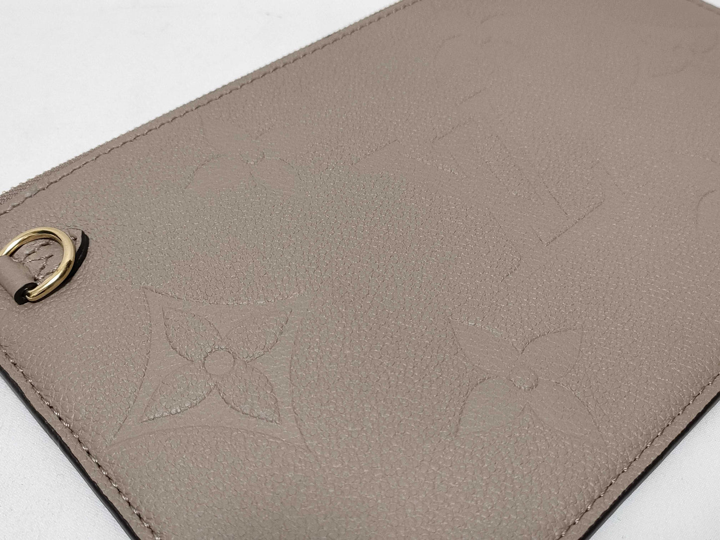 LOUIS VUITTON RFID verification impossible. Serial number verification impossible. Monogram Empreinte Louis Vuitton Neverfull Pouch in Taupe with Gold Hardware.