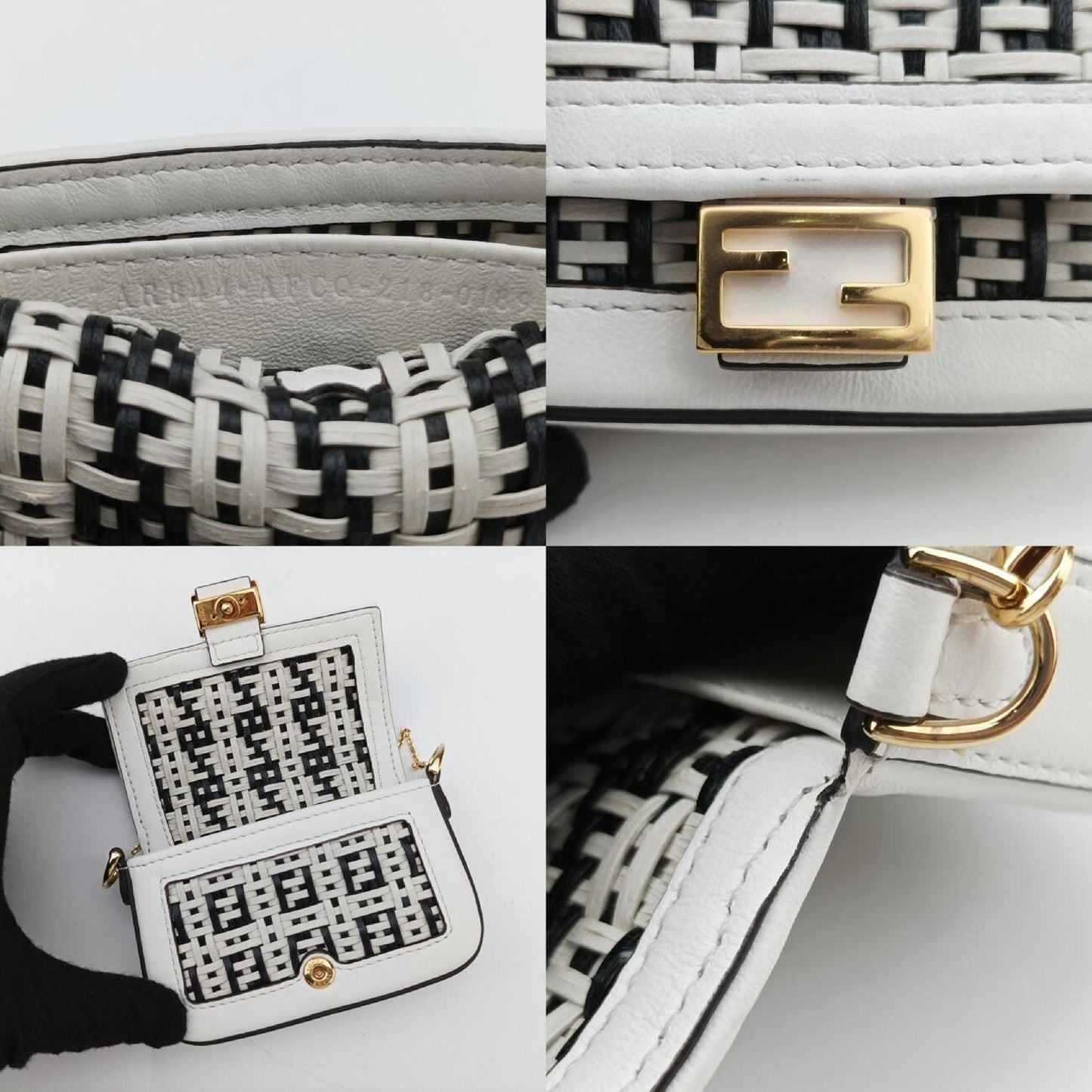 FENDI Nano Baguette Charm Black/White Leather Shoulder Bag 7AR844 7AR844-AFCQ-218-0189