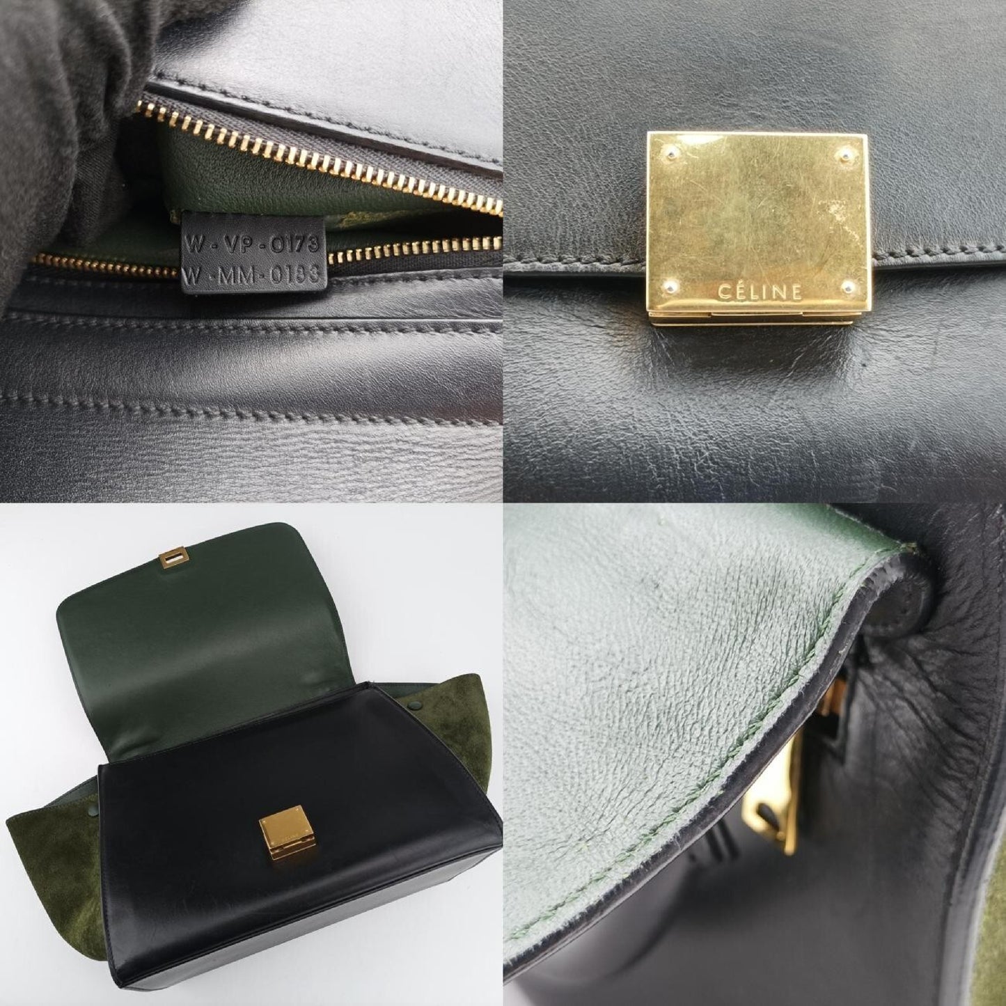 CELINE Trapeze Shoulder Bag in Medium Green and Black Leather and Suede